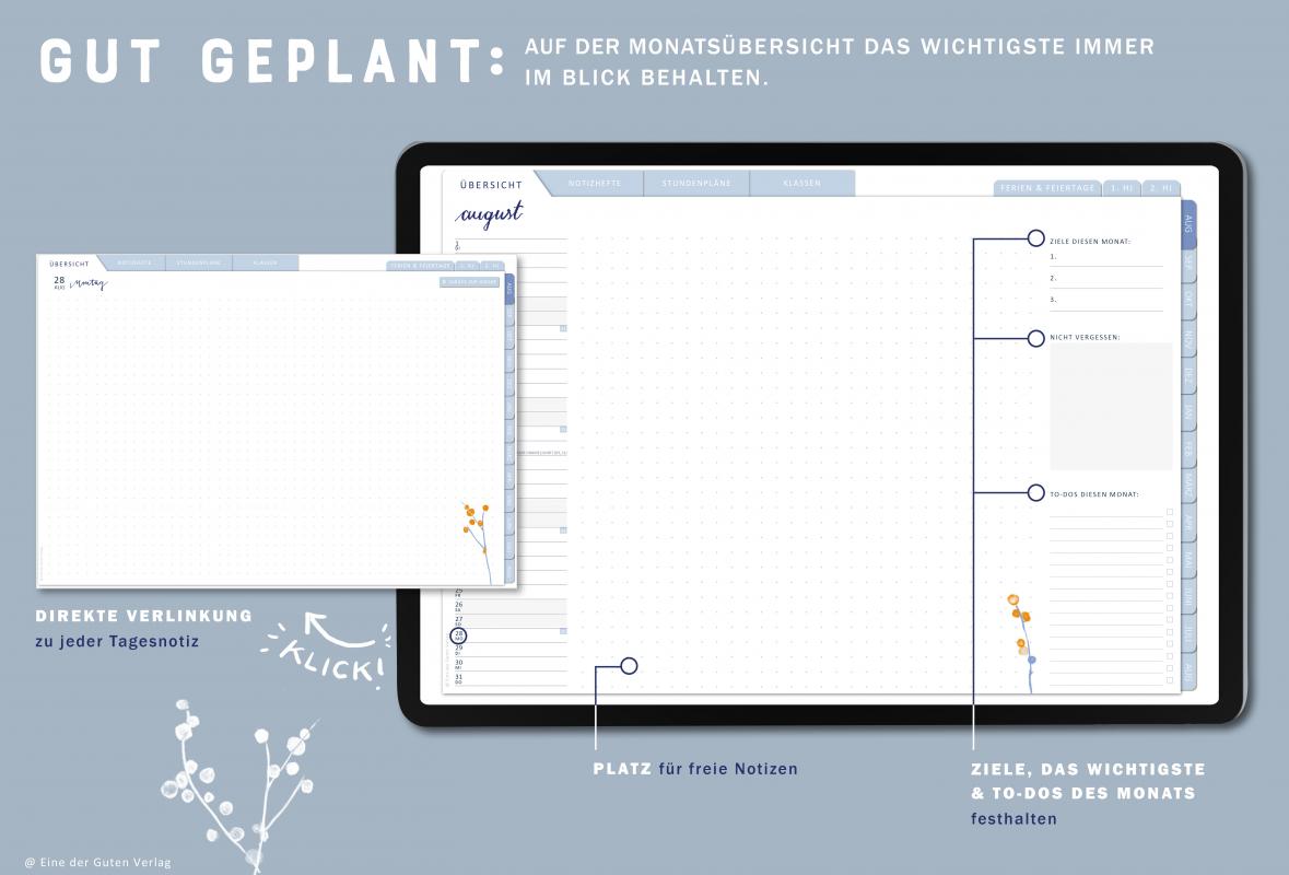 Detailansicht Wochenplanung, digitaler Lehrerkalender 2023 2024 mit extra Notizseiten für jeden Tag und jede Woche